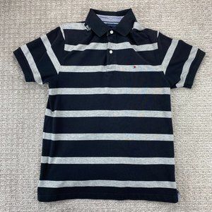 Tommy Hilfiger Polo Shirt Men Medium M Black Gray Stripe Casual Golf Embroidered